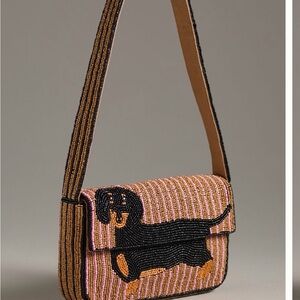 Anthropologie Pink Striped Beaded Dachshund Shoulder Fiona Bag